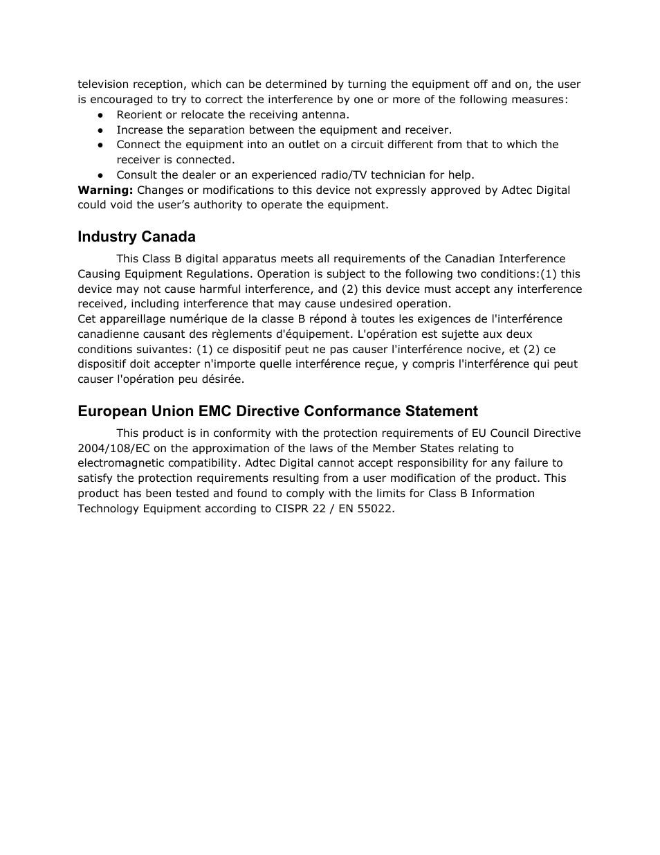 Industry canada, European union emc directive conformance statement, Industry | Canada, European, Union, Directive, Conformance, Statement | Adtec digital RD-70 (version 1.02.04) Manual User Manual | Page 6 / 68