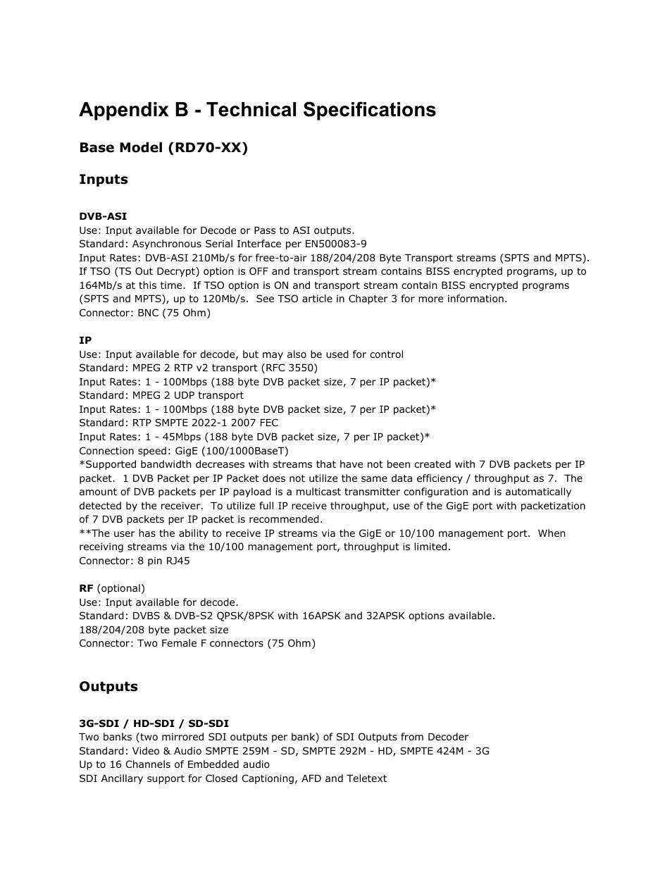 Appendix b - technical specifications, Base model (rd70-xx), Inputs | Outputs, Appendix, Technical, Specifications, Base, Model, Inputs outputs | Adtec digital RD-70 (version 1.02.04) Manual User Manual | Page 61 / 68