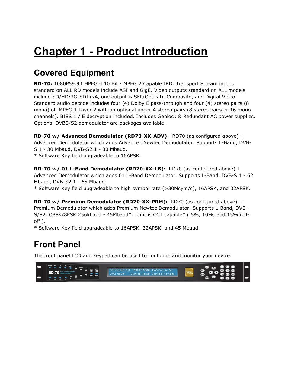 Chapter 1 - product introduction, Covered equipment, Front panel | Chapter, Product, Introduction, Covered, Equipment, Front, Panel | Adtec digital RD-70 (version 1.02.04) Manual User Manual | Page 7 / 68