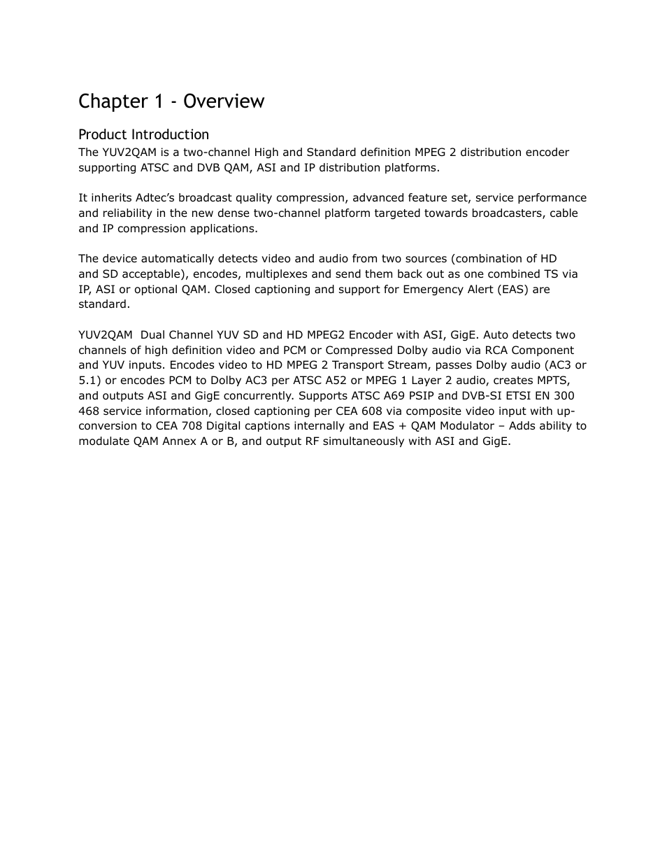 Chapter, Overview, Product | Introduction, Chapter 1 - overview | Adtec digital YUV2QAM (version 01.02.01) Manual User Manual | Page 10 / 46