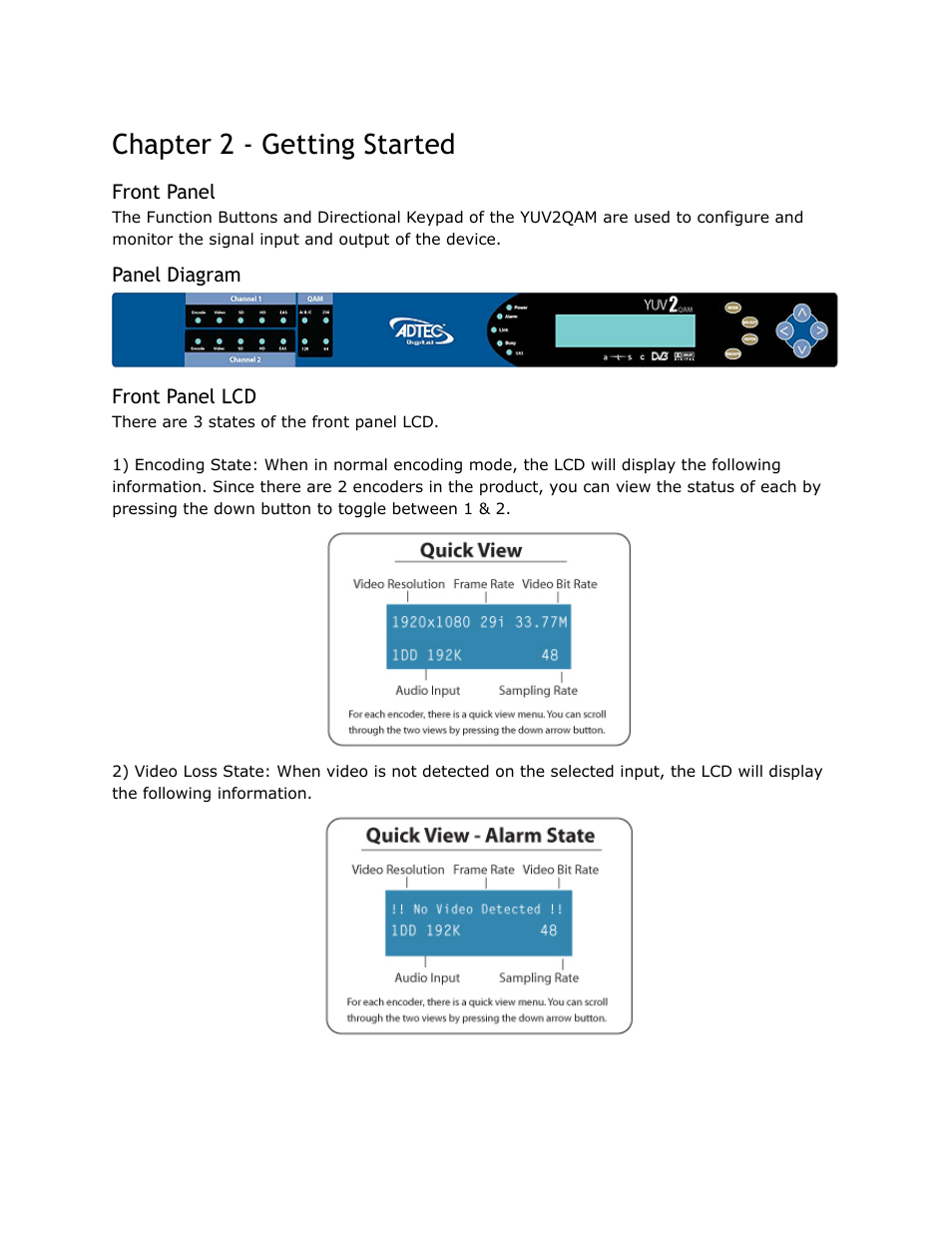 Chapter, Getting, Started | Front, Panel, Diagram, Chapter 2 - getting started | Adtec digital YUV2QAM (version 01.02.01) Manual User Manual | Page 11 / 46