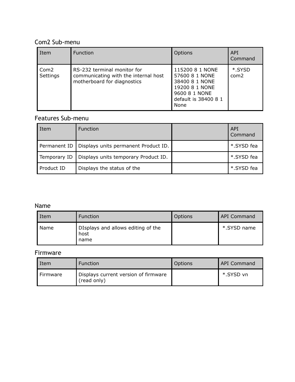 Menu, Features, Name firmware | Com2 sub-menu, Features sub-menu, Name, Firmware | Adtec digital YUV2QAM (version 01.02.01) Manual User Manual | Page 17 / 46