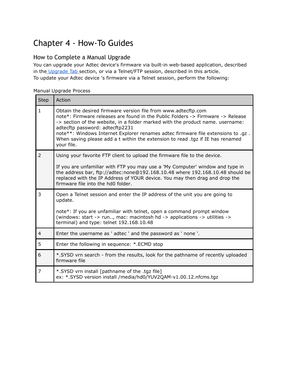 Chapter, Guides, Complete | Manual, Upgrade, Chapter 4 - how-to guides, How to complete a manual upgrade | Adtec digital YUV2QAM (version 01.02.01) Manual User Manual | Page 31 / 46