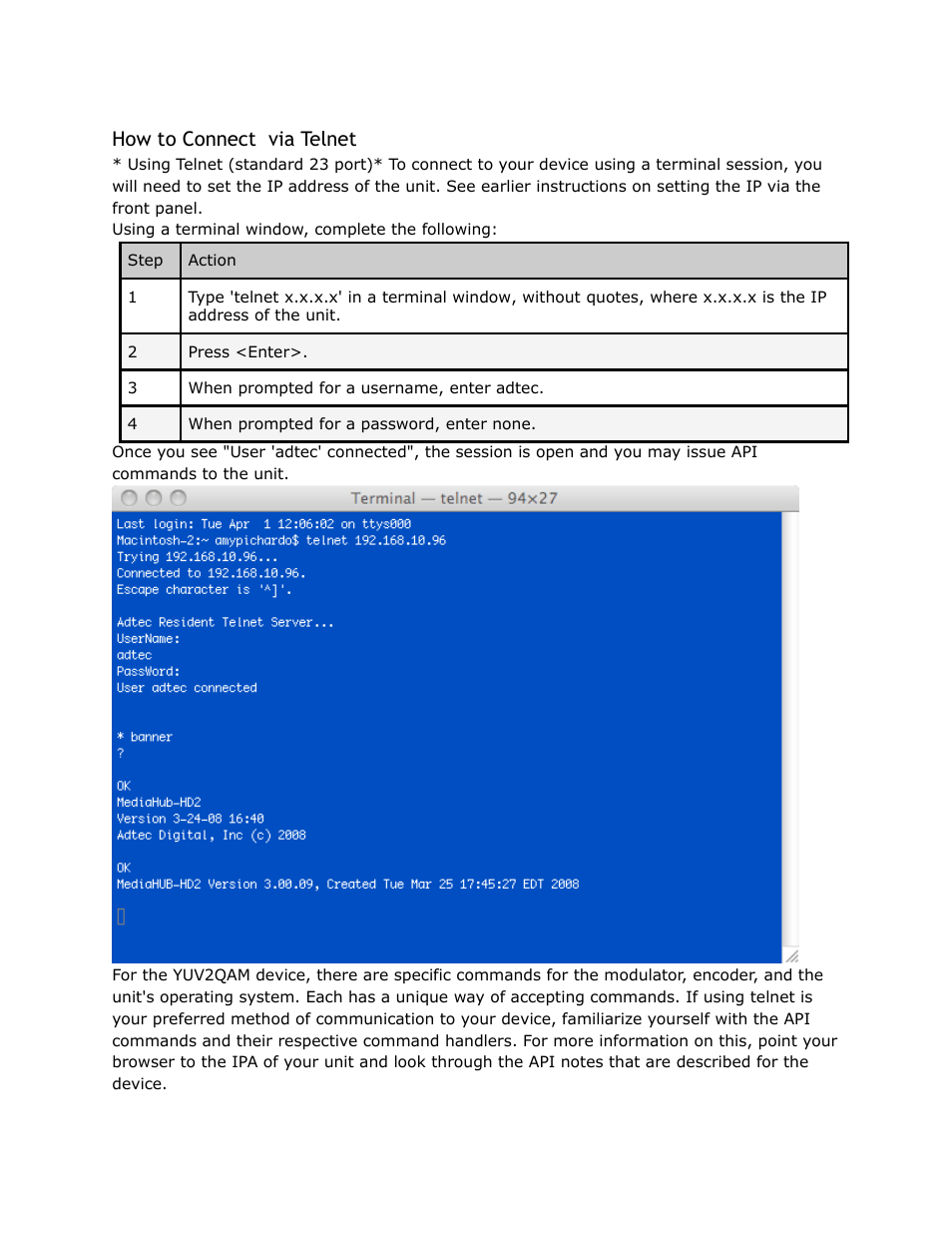 Connect, Telnet, How to connect via telnet | Adtec digital YUV2QAM (version 01.02.01) Manual User Manual | Page 32 / 46