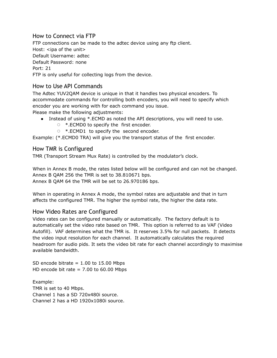 Connect, Commands, Configured | Video, Rates, How to connect via ftp, How to use api commands, How tmr is configured, How video rates are configured | Adtec digital YUV2QAM (version 01.02.01) Manual User Manual | Page 33 / 46