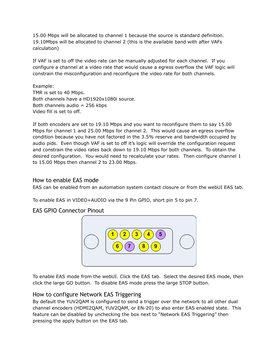 Enable, Mode, Gpio | Connector, Pinout, Configure, Network, Triggering, How to enable eas mode, Eas gpio connector pinout | Adtec digital YUV2QAM (version 01.02.01) Manual User Manual | Page 34 / 46