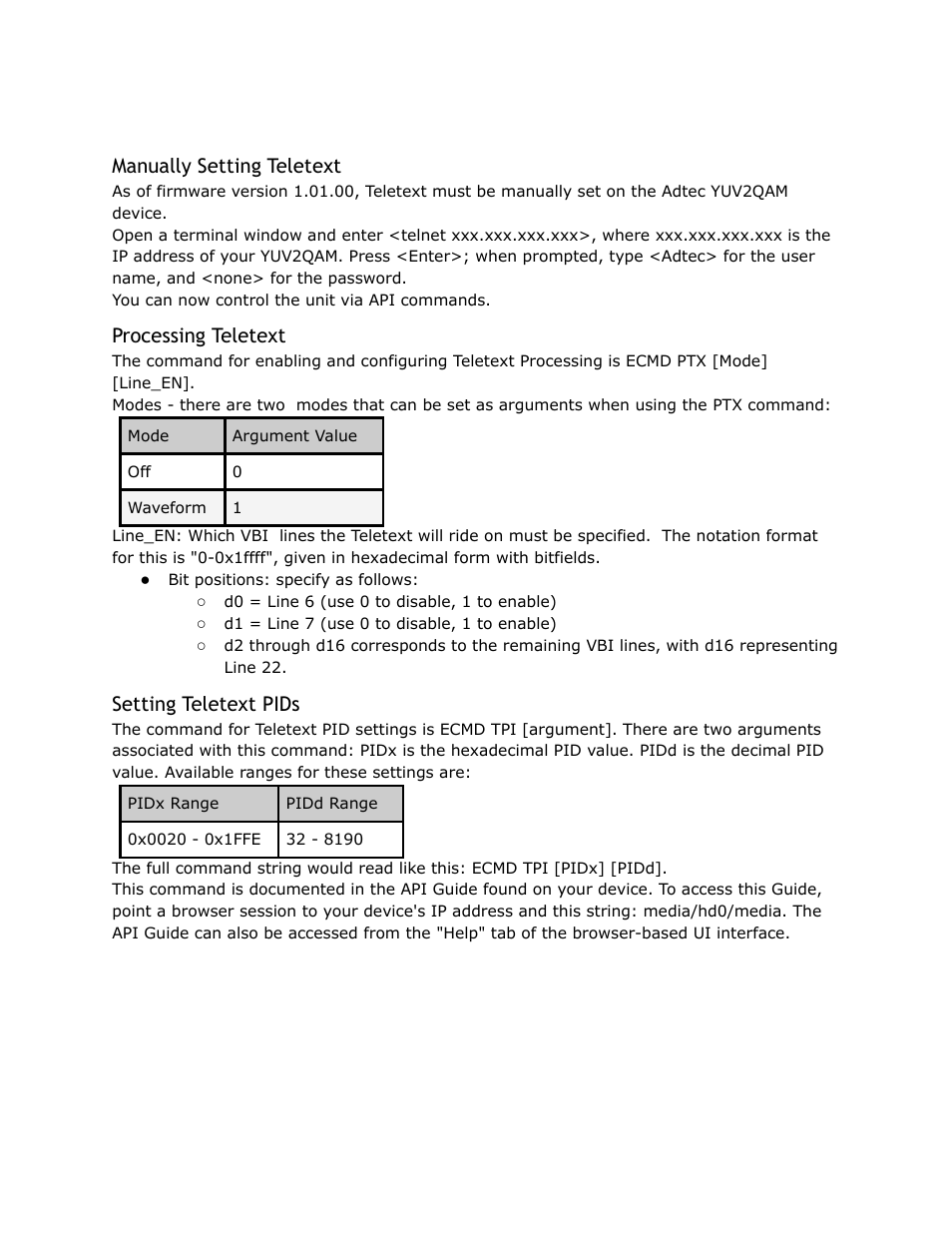 Manually, Setting, Teletext | Processing, Pids, Manually setting teletext, Processing teletext, Setting teletext pids | Adtec digital YUV2QAM (version 01.02.01) Manual User Manual | Page 35 / 46