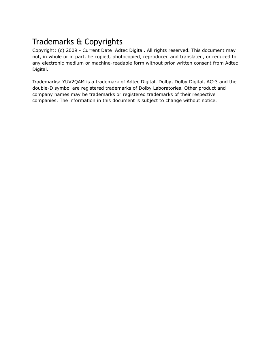 Trademarks, Copyrights, Trademarks & copyrights | Adtec digital YUV2QAM (version 01.02.01) Manual User Manual | Page 4 / 46
