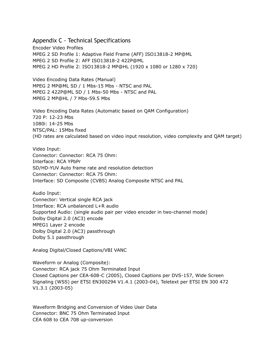 Appendix, Technical, Specifications | Appendix c - technical specifications | Adtec digital YUV2QAM (version 01.02.01) Manual User Manual | Page 44 / 46