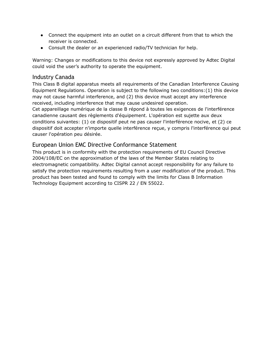Industry, Canada, European | Union, Directive, Conformance, Statement, Industry canada, European union emc directive conformance statement | Adtec digital YUV2QAM (version 01.02.01) Manual User Manual | Page 9 / 46