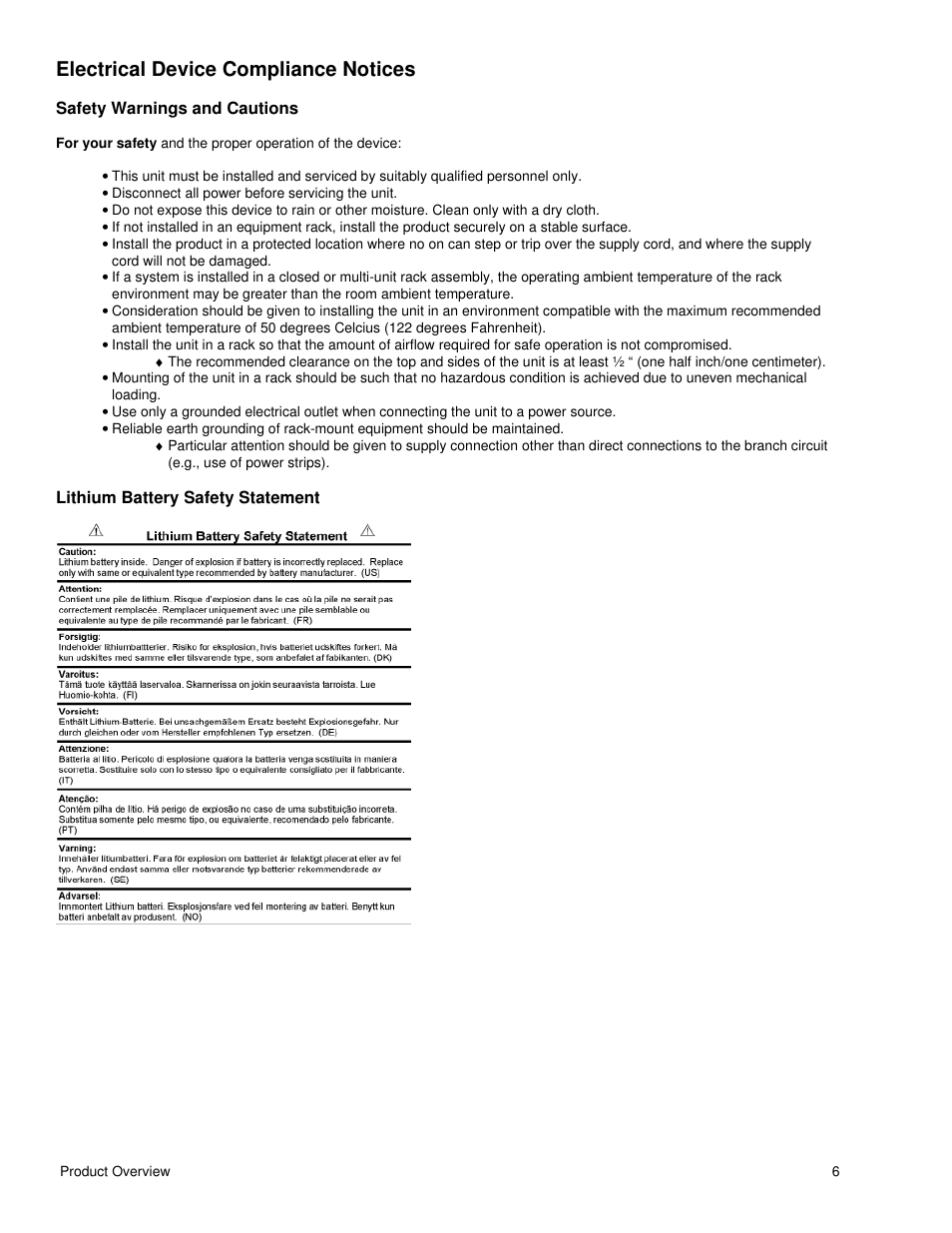 Electrical device compliance notices, Safety warnings and cautions, Lithium battery safety statement | Adtec digital DTA-3050 (version 6.02.14) Manual User Manual | Page 10 / 94