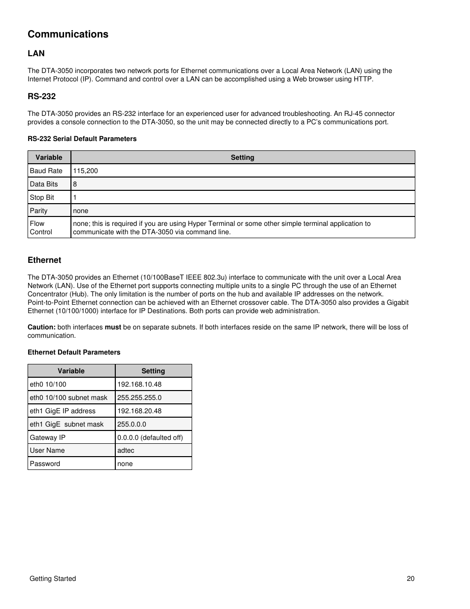 Communications, Rs-232, Ethernet | Lan rs-232 ethernet | Adtec digital DTA-3050 (version 6.02.14) Manual User Manual | Page 24 / 94