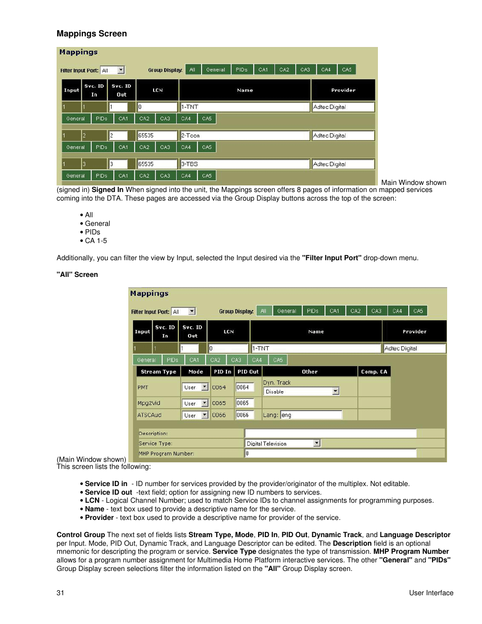 Mappings screen | Adtec digital DTA-3050 (version 6.02.14) Manual User Manual | Page 36 / 94