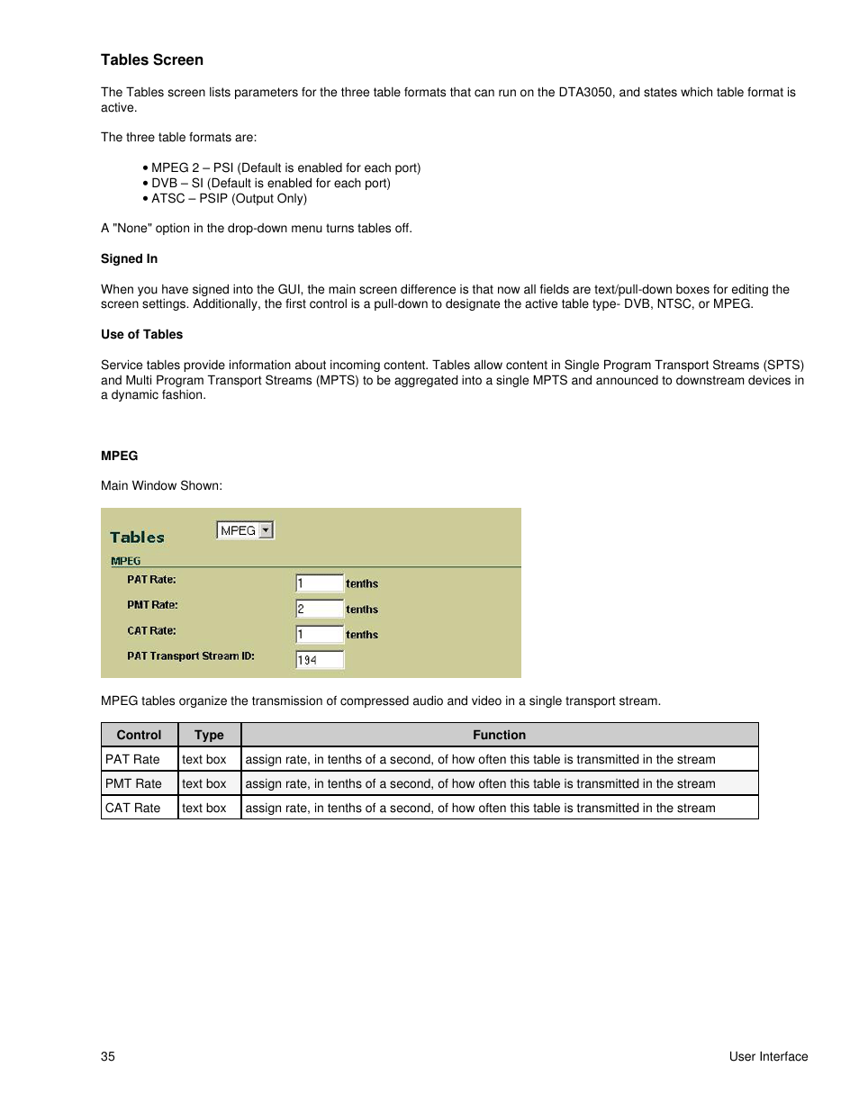Tables screen | Adtec digital DTA-3050 (version 6.02.14) Manual User Manual | Page 40 / 94