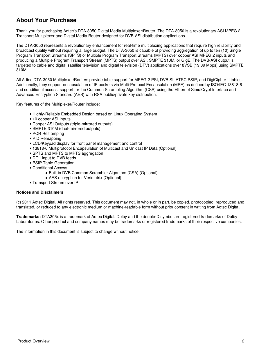About your purchase | Adtec digital DTA-3050 (version 6.02.14) Manual User Manual | Page 5 / 94