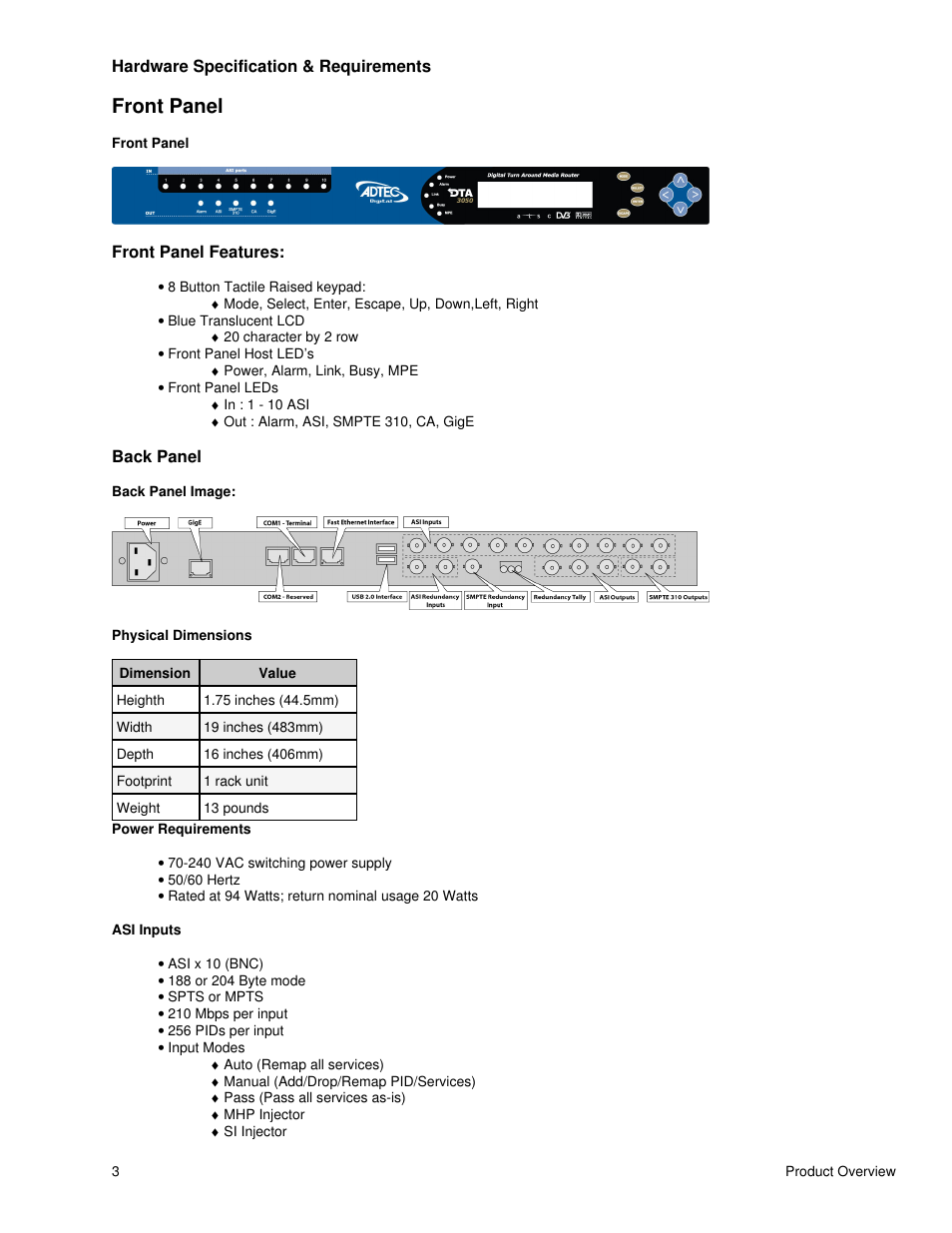 Hardware specification & requirements, Front panel, Front panel features | Back panel | Adtec digital DTA-3050 (version 6.02.14) Manual User Manual | Page 6 / 94