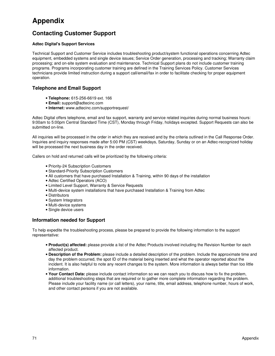 Appendix, Contacting customer support, Telephone and email support | Information needed for support | Adtec digital DTA-3050 (version 6.02.14) Manual User Manual | Page 81 / 94