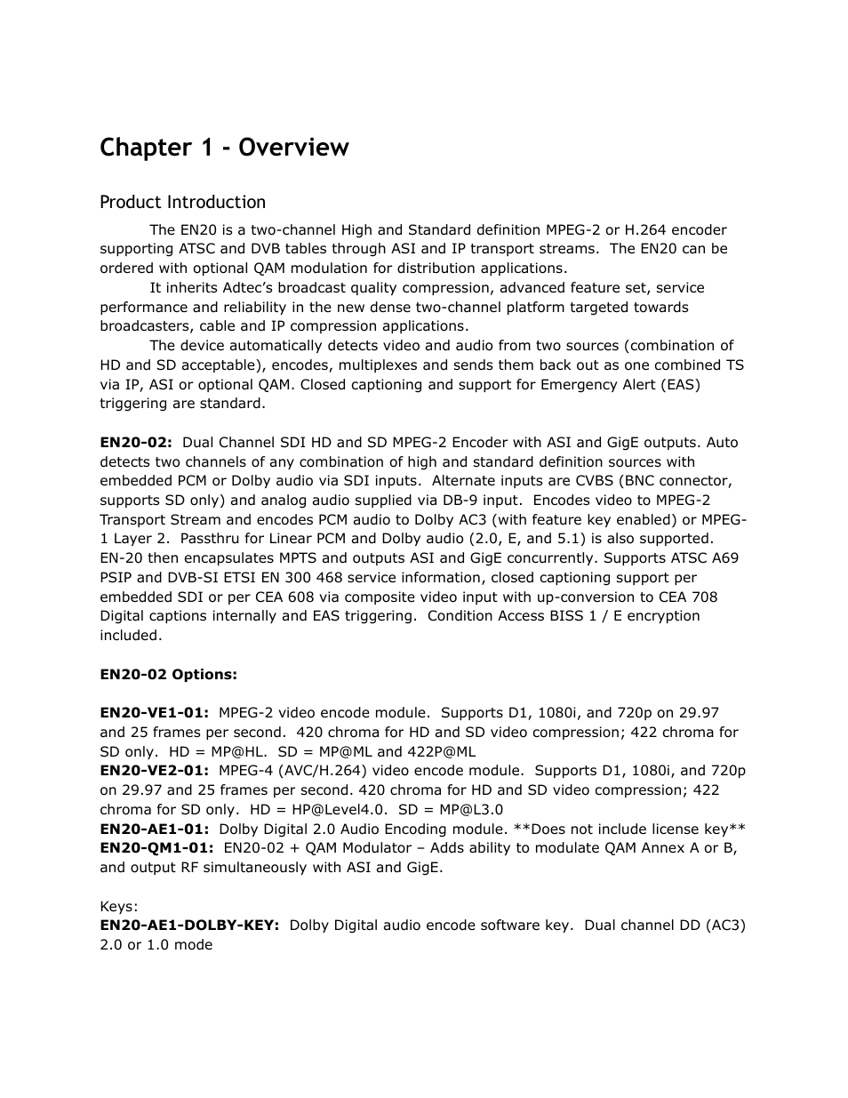 Chapter, Overview, Product | Introduction, Chapter 1 - overview, Product introduction | Adtec digital EN-20 (version 2.03.06) Manual User Manual | Page 10 / 63