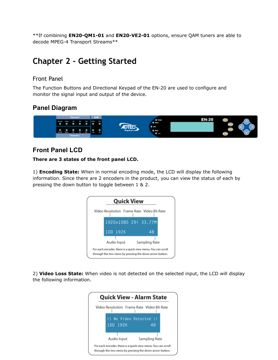 Chapter, Getting, Started | Front, Panel, Diagram, Chapter 2 - getting started | Adtec digital EN-20 (version 2.03.06) Manual User Manual | Page 11 / 63
