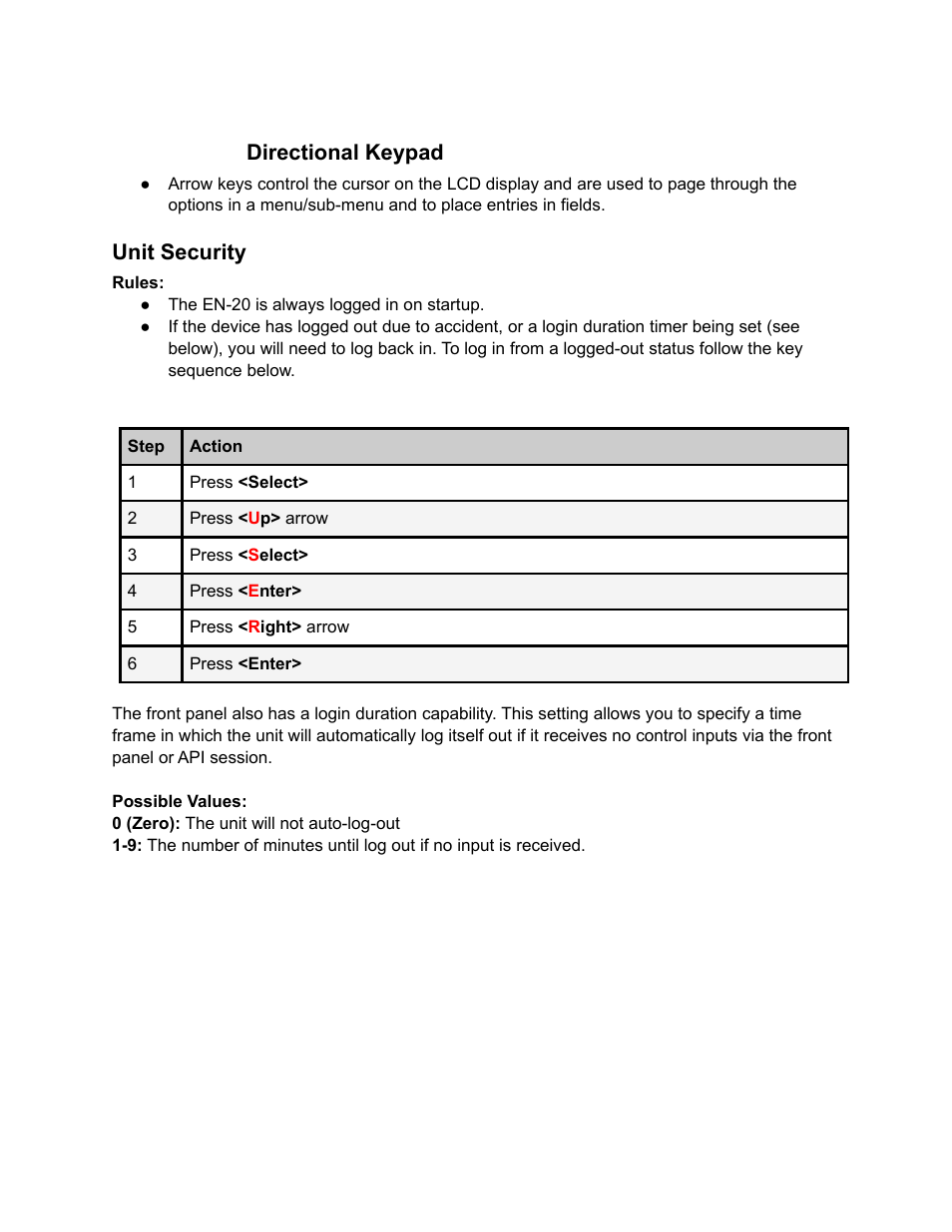 Directional, Keypad, Unit | Security, Directional keypad, Unit security | Adtec digital EN-20 (version 2.03.06) Manual User Manual | Page 14 / 63