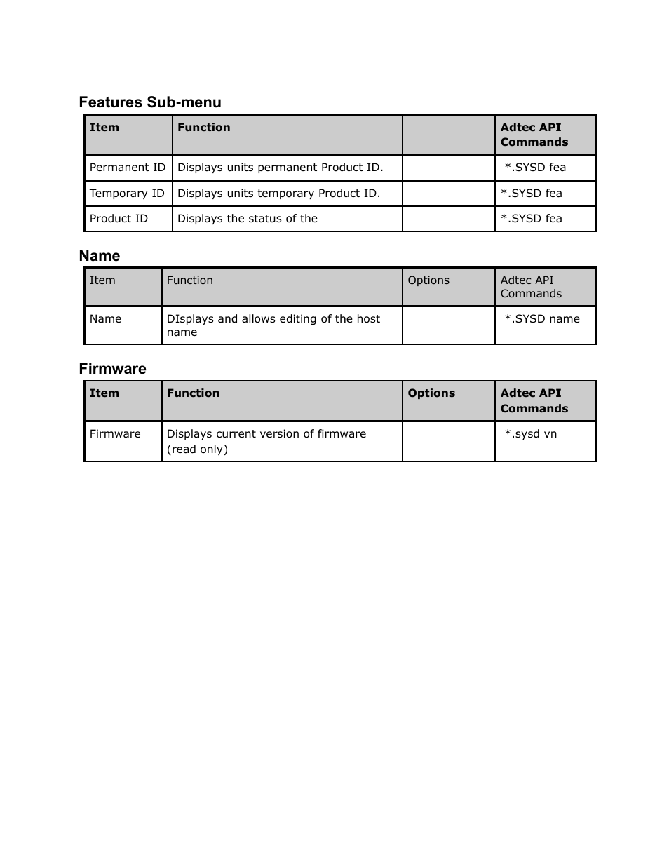 Features, Menu, Name firmware | Features sub-menu, Name, Firmware | Adtec digital EN-20 (version 2.03.06) Manual User Manual | Page 30 / 63