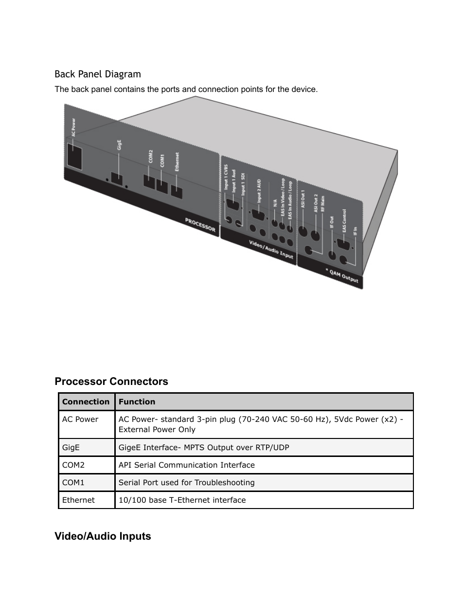 Back, Panel, Diagram | Processor, Connectors, Video, Audio, Inputs, Processor connectors, Video/audio inputs | Adtec digital EN-20 (version 2.03.06) Manual User Manual | Page 31 / 63