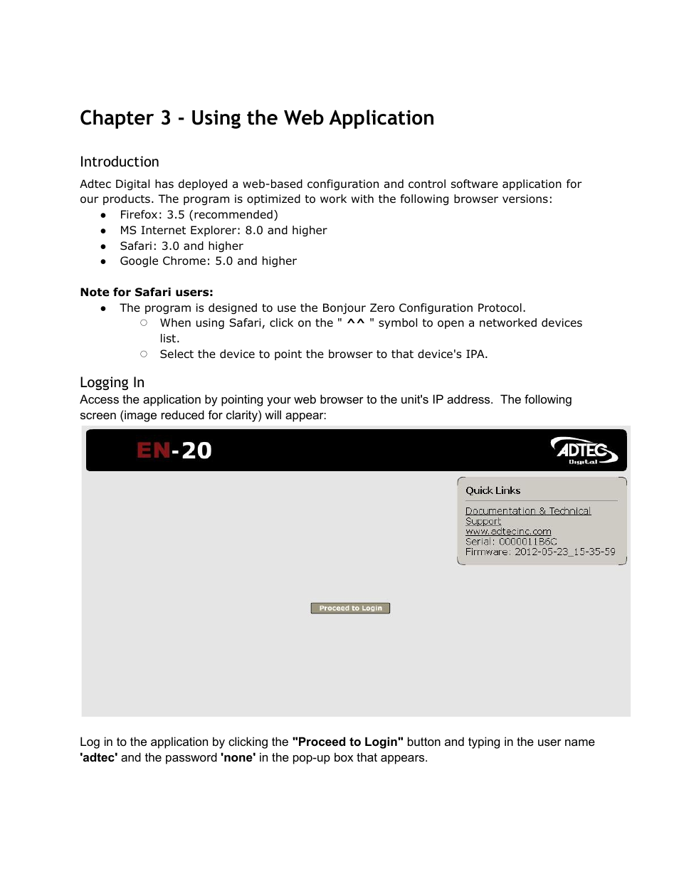 Chapter, Using, Application | Introduction logging, Chapter 3 - using the web application | Adtec digital EN-20 (version 2.03.06) Manual User Manual | Page 33 / 63