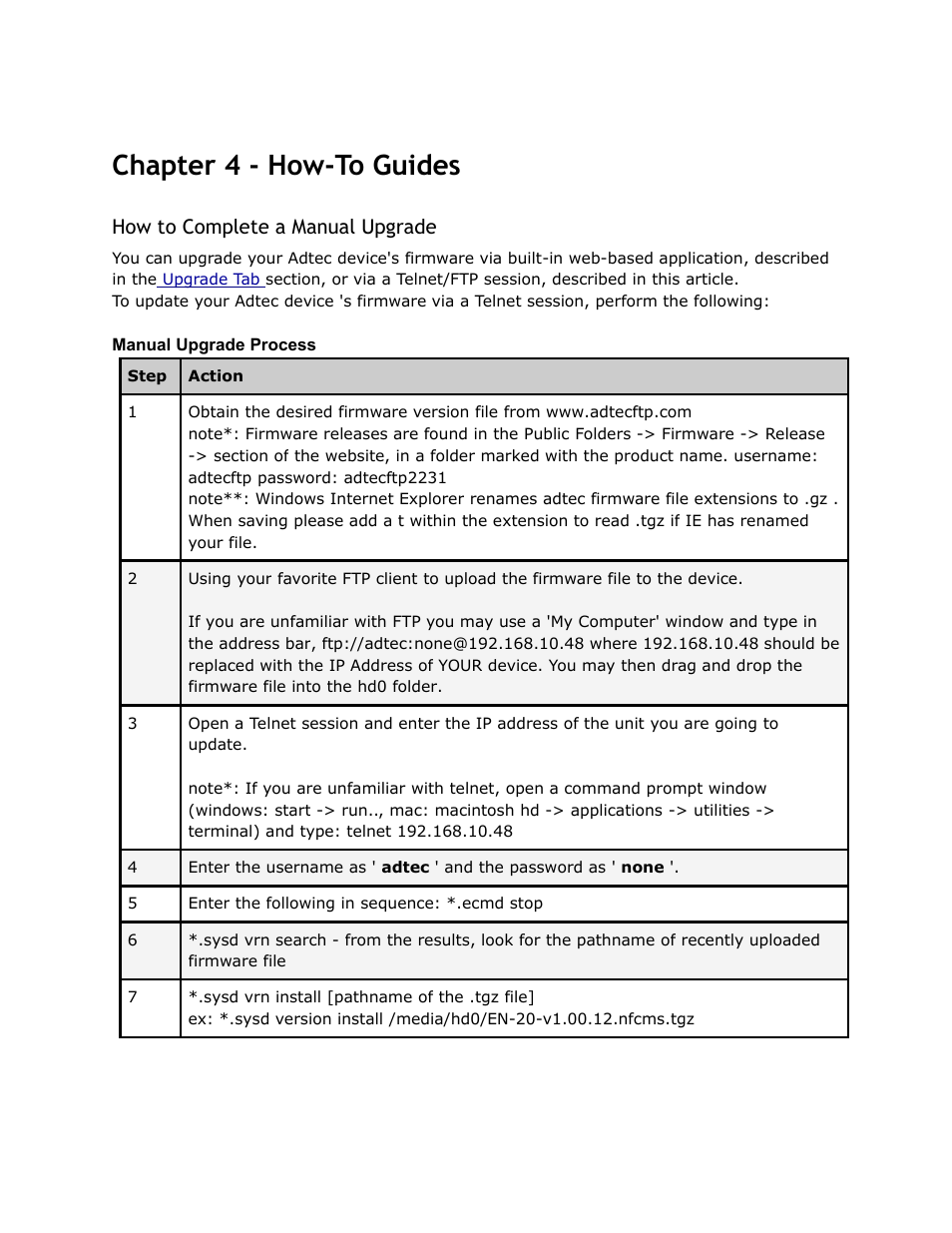 Chapter, Guides, Complete | Manual, Upgrade, Chapter 4 - how-to guides, How to complete a manual upgrade | Adtec digital EN-20 (version 2.03.06) Manual User Manual | Page 35 / 63