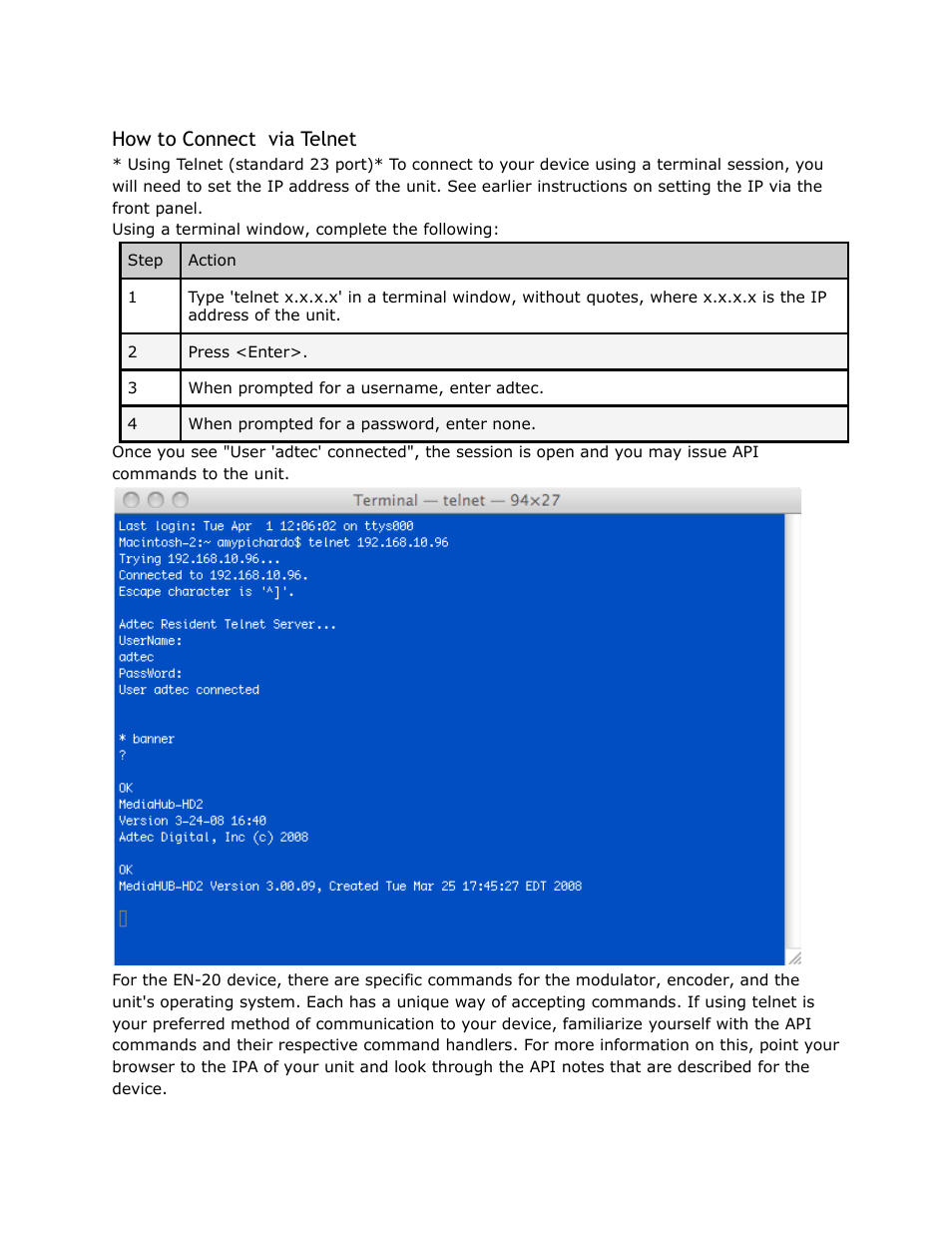 Connect, Telnet, How to connect via telnet | Adtec digital EN-20 (version 2.03.06) Manual User Manual | Page 36 / 63
