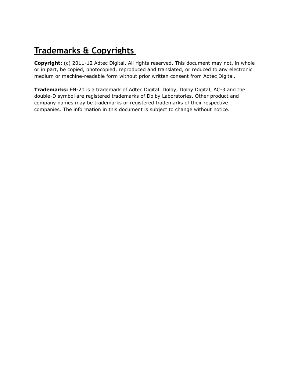 Trademarks, Copyrights | Adtec digital EN-20 (version 2.03.06) Manual User Manual | Page 4 / 63