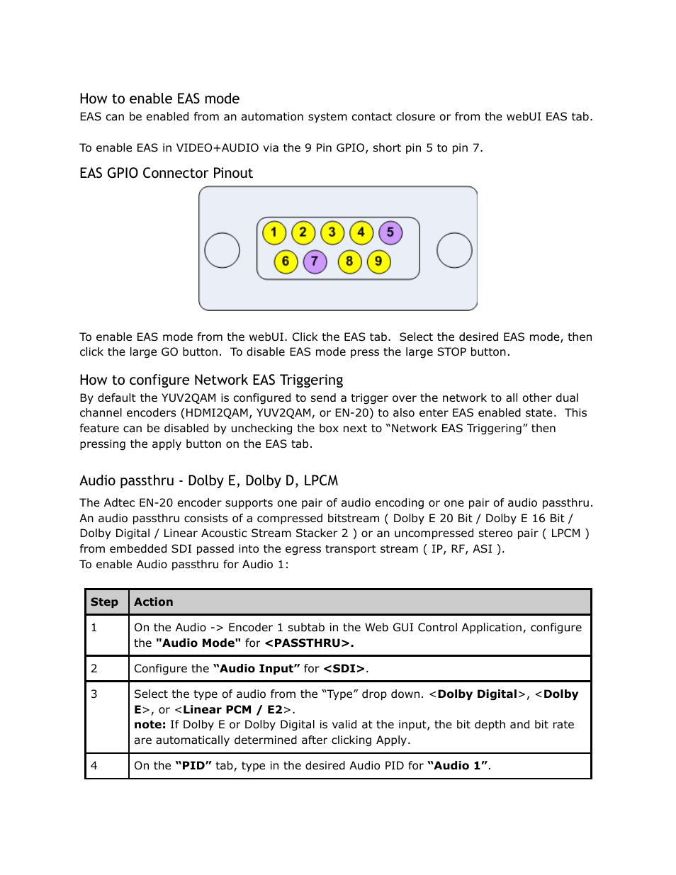 Enable, Mode, Gpio | Connector, Pinout, Configure, Network, Triggering, Audio, Passthru | Adtec digital EN-20 (version 2.03.06) Manual User Manual | Page 41 / 63