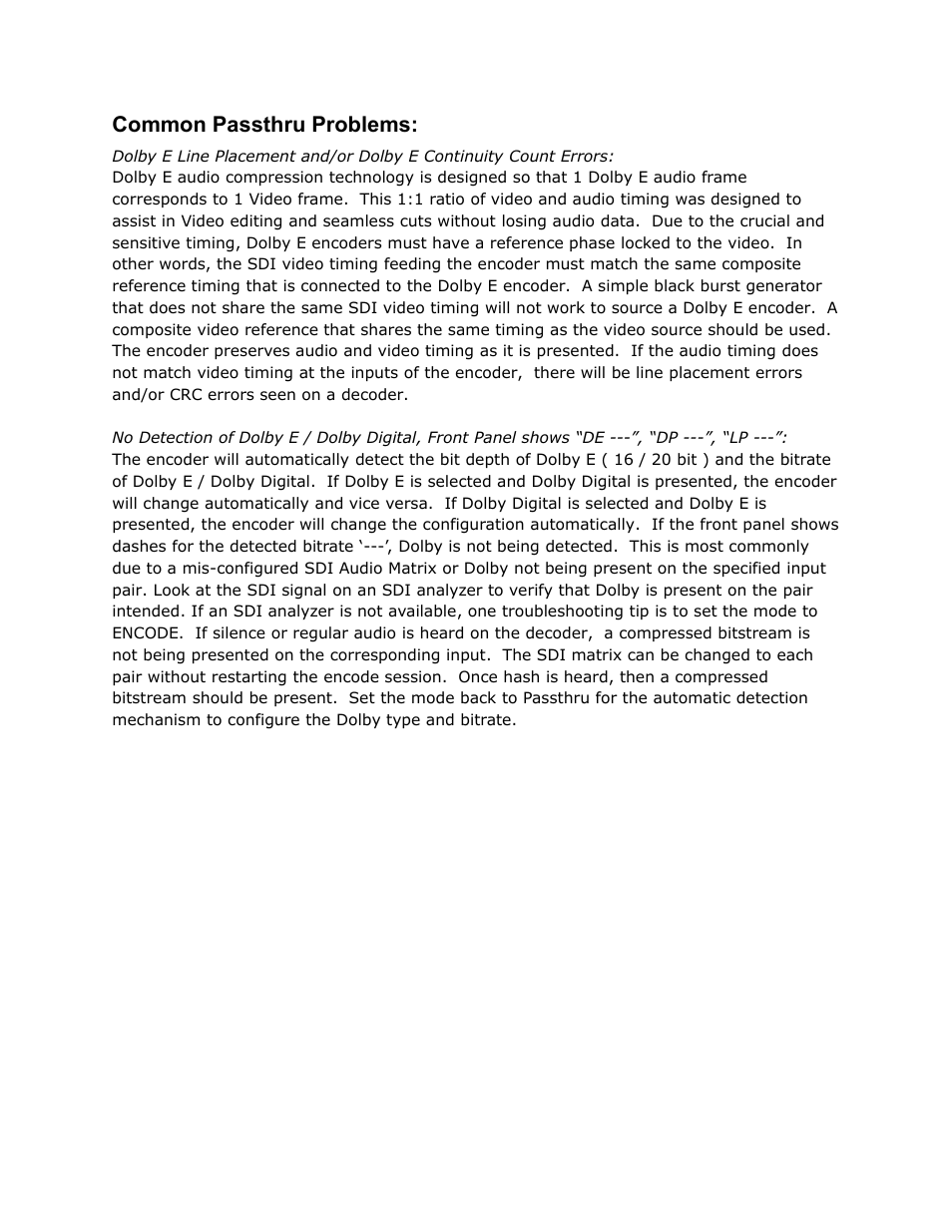 Common, Passthru, Problems | Common passthru problems | Adtec digital EN-20 (version 2.03.06) Manual User Manual | Page 42 / 63