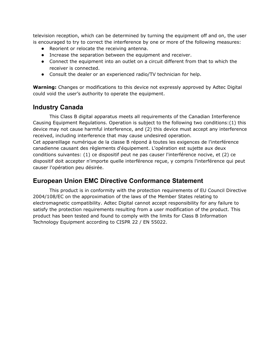 Industry, Canada, European | Union, Directive, Conformance, Statement, Industry canada, European union emc directive conformance statement | Adtec digital EN-20 (version 2.03.06) Manual User Manual | Page 9 / 63