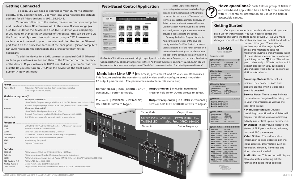 Web-based control application getting connected, Getting started, Modulator line-up | Have questions | Adtec digital EN-91 / EN-91P (version 1.02.29) Quick Start User Manual | Page 2 / 2