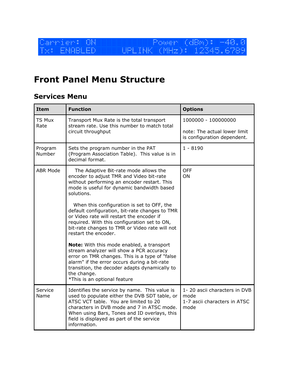 Front panel menu structure, Services menu, Front | Panel, Menu, Structure, Services | Adtec digital EN-91 / EN-91P (version 1.02.29) Manual User Manual | Page 12 / 67