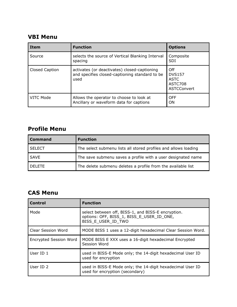 Vbi menu, Profile menu, Cas menu | Menu profile, Menu | Adtec digital EN-91 / EN-91P (version 1.02.29) Manual User Manual | Page 28 / 67