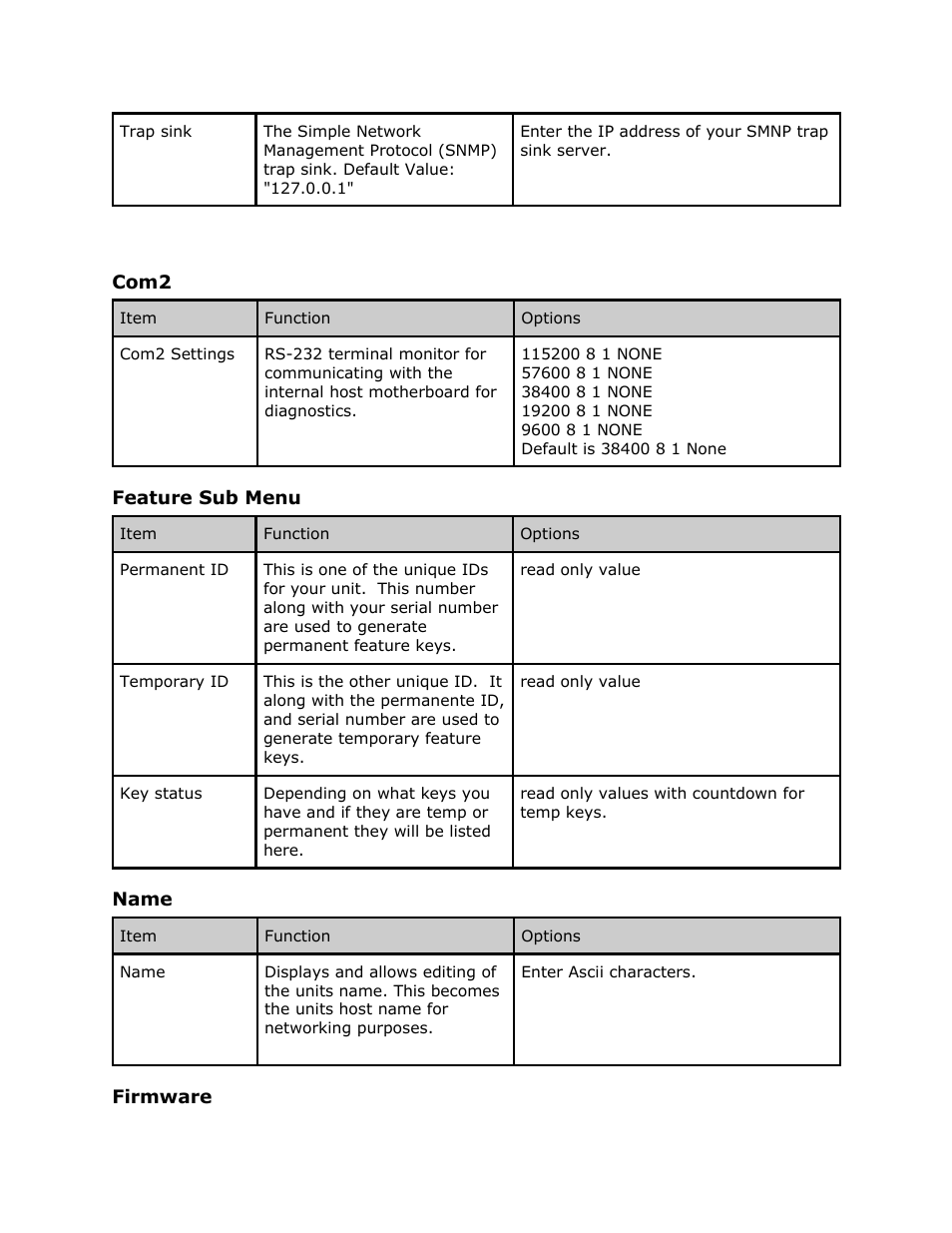 Com2, Feature sub menu, Name | Firmware, Feature, Menu, Name firmware | Adtec digital EN-91 / EN-91P (version 1.02.29) Manual User Manual | Page 33 / 67