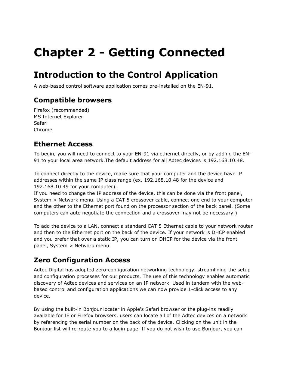 Chapter 2 - getting connected, Introduction to the control application, Compatible browsers | Ethernet access, Zero configuration access, Chapter, Getting, Connected, Introduction, Control | Adtec digital EN-91 / EN-91P (version 1.02.29) Manual User Manual | Page 39 / 67