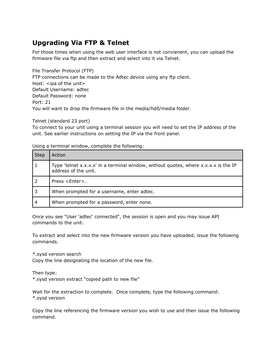 Upgrading via ftp & telnet, Upgrading, Telnet | Adtec digital EN-91 / EN-91P (version 1.02.29) Manual User Manual | Page 41 / 67