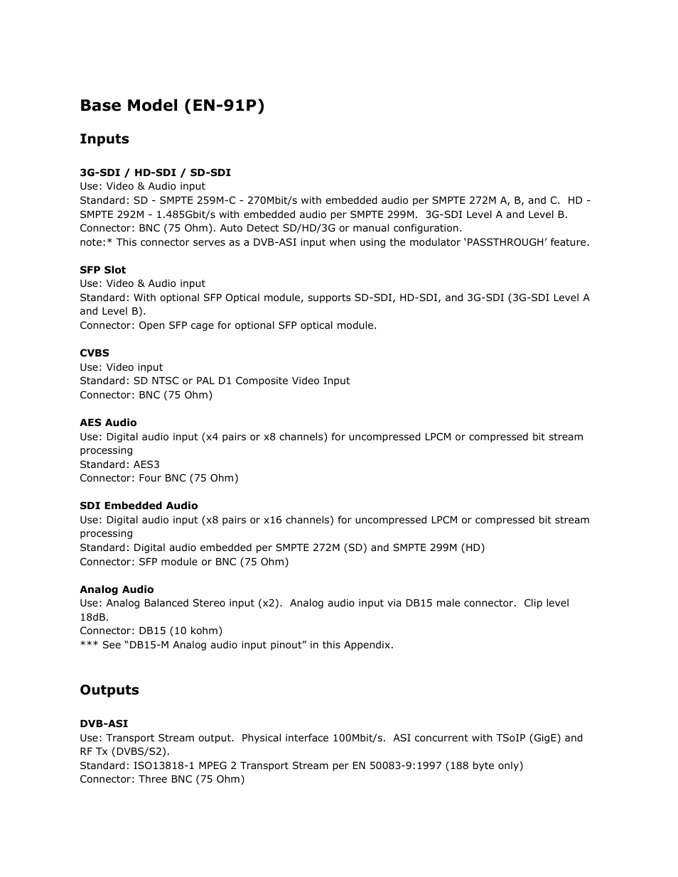 Base model (en-91p), Inputs, Outputs | Base, Model, Inputs outputs | Adtec digital EN-91 / EN-91P (version 1.02.29) Manual User Manual | Page 59 / 67