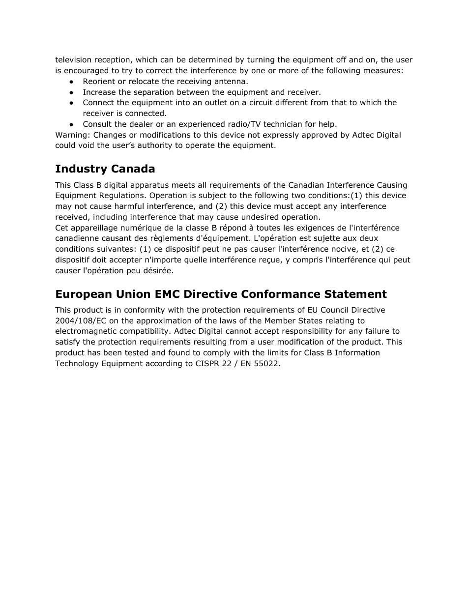 Industry canada, European union emc directive conformance statement, Industry | Canada, European, Union, Directive, Conformance, Statement | Adtec digital EN-91 / EN-91P (version 1.02.29) Manual User Manual | Page 6 / 67