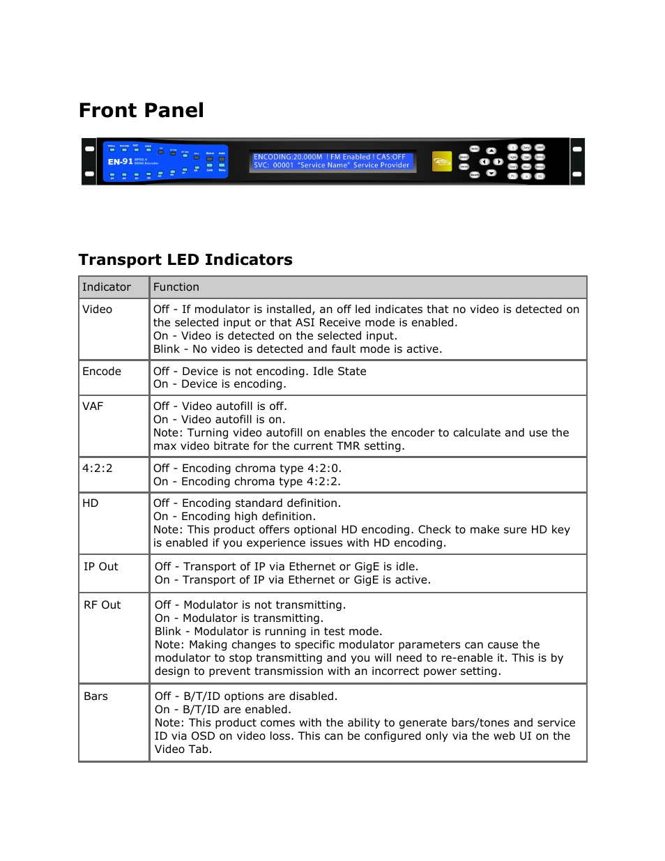 Front panel, Transport led indicators, Front | Panel, Transport, Indicators | Adtec digital EN-91 / EN-91P (version 1.02.29) Manual User Manual | Page 9 / 67