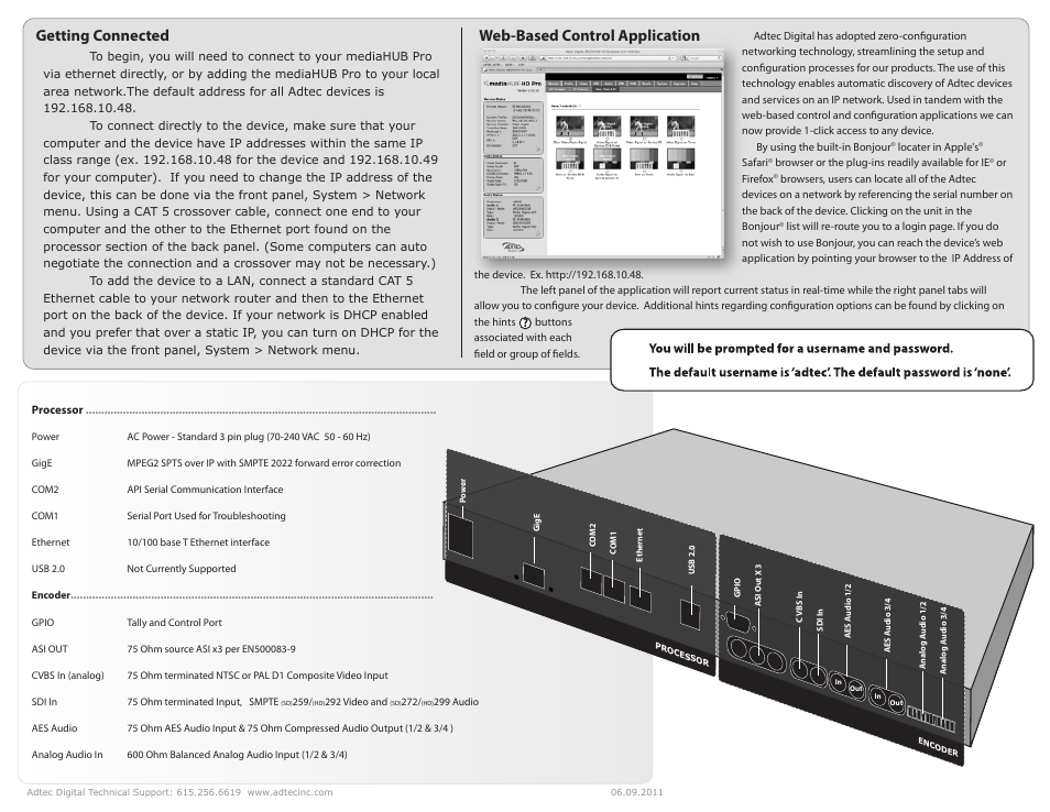 Getting connected web-based control application | Adtec digital mediaHUB-HD Pro (version 03.07.19) Quick Start User Manual | Page 2 / 2