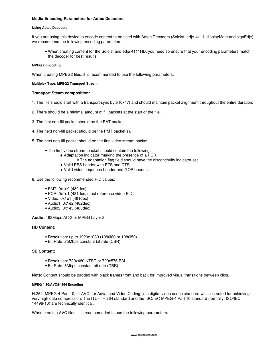 Mediaencoding parameters for adtec decoders | Adtec digital mediaHUB-HD Pro (version 03.07.19) Manual User Manual | Page 79 / 98