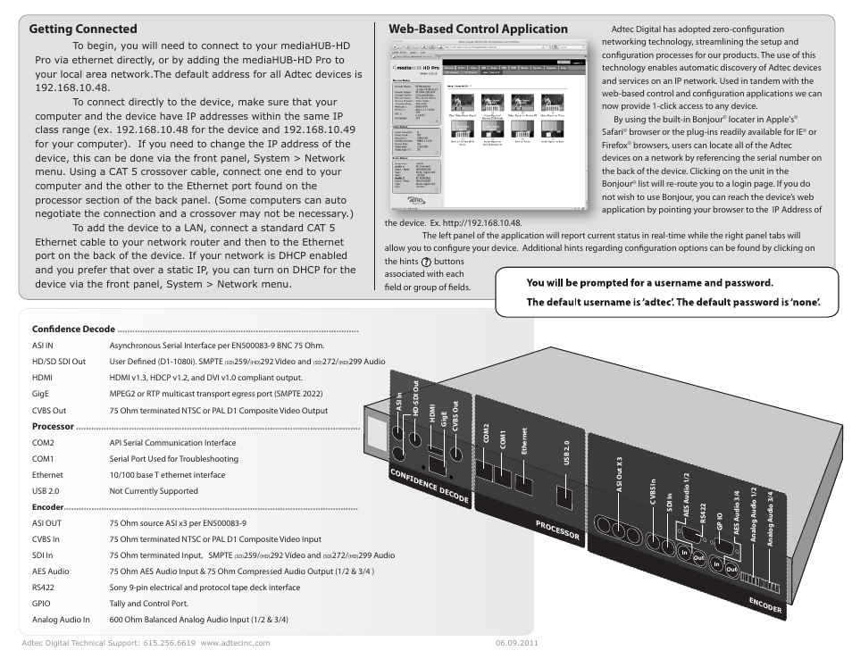Getting connected, Web-based control application | Adtec digital mediaHUB-HD Pro (version 03.07.19) Studio Encoder Quick Start User Manual | Page 2 / 2