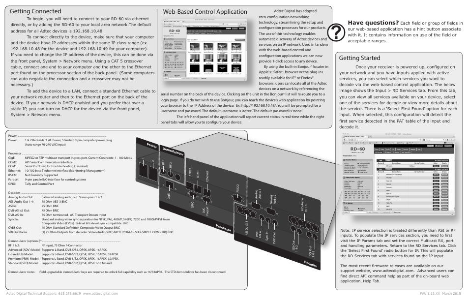 Web-based control application getting connected, Getting started, Have questions | Adtec digital RD-60 (version 1.13.02) Quick Start User Manual | Page 2 / 2
