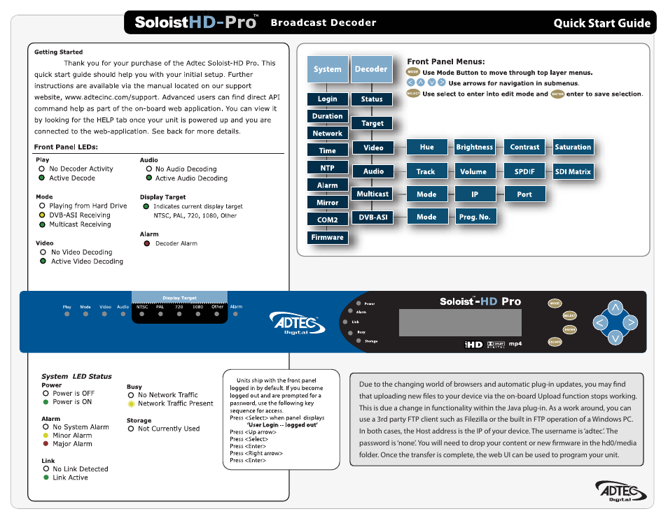 Adtec digital Soloist-HD Pro (version 02.07.09) Quick Start User Manual | 2 pages
