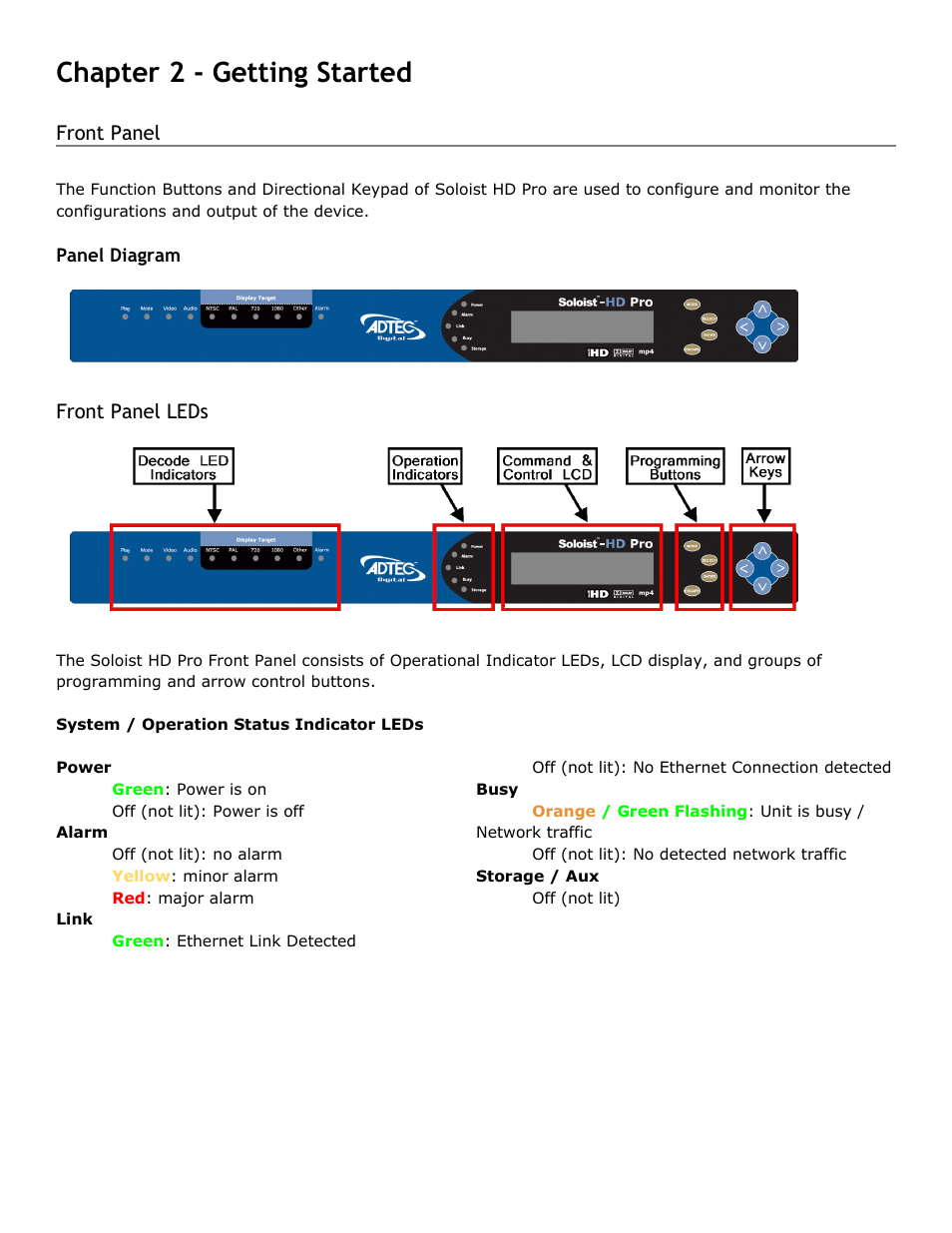 Chapter 2 - getting started, Front panel, Panel diagram | Front panel leds, Chapter, Getting, Started, Front, Panel, Diagram | Adtec digital Soloist-HD Pro (version 02.07.09) Manual User Manual | Page 11 / 77