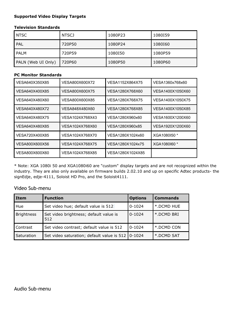 Video sub-menu, Audio sub-menu, Video | Menu, Audio | Adtec digital Soloist-HD Pro (version 02.07.09) Manual User Manual | Page 17 / 77