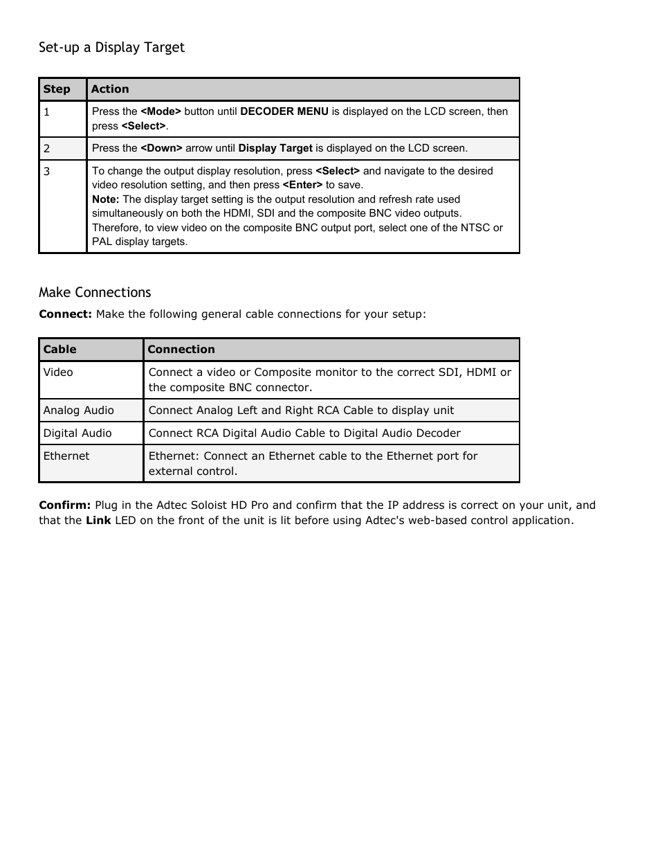 Set-up a display target, Make connections, Display | Target, Make, Connections | Adtec digital Soloist-HD Pro (version 02.07.09) Manual User Manual | Page 22 / 77